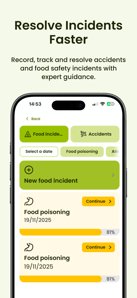 Food Safety Guru - Food Safety Guru app interface for tracking and resolving food safety incidents and accidents