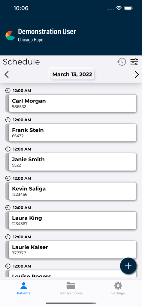 eScription One mobile app interface showing a daily patient schedule with names and appointment times