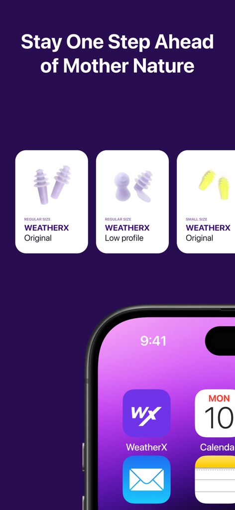 Marketing graphic showing WeatherX earplug models and the mobile app icon on a phone screen