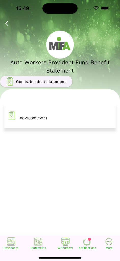 MIFA - MIFA app interface showing the Auto Workers Provident Fund benefit statement screen with a generate latest statement button
