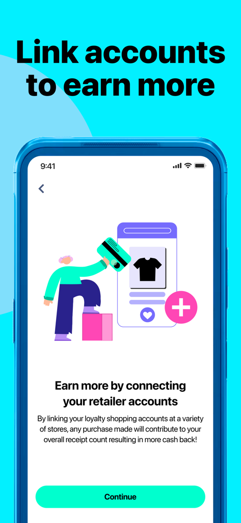 Frisbee app screen showing how to link retailer loyalty accounts to earn more cash back rewards.