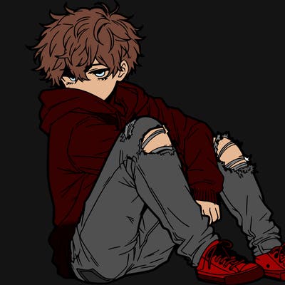 a male hoddie ripped jeans messy hair anime