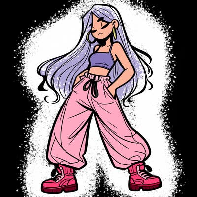 girl in baggy pants crop top and long hair