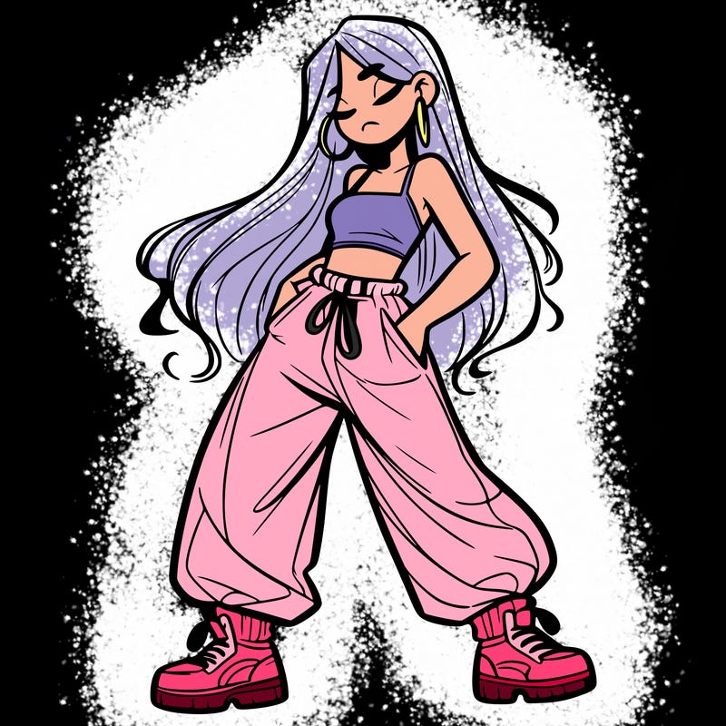 girl in baggy pants crop top and long hair