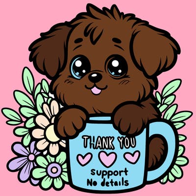 a really cute puppy holding a thank you for support mug with flowers everywhere