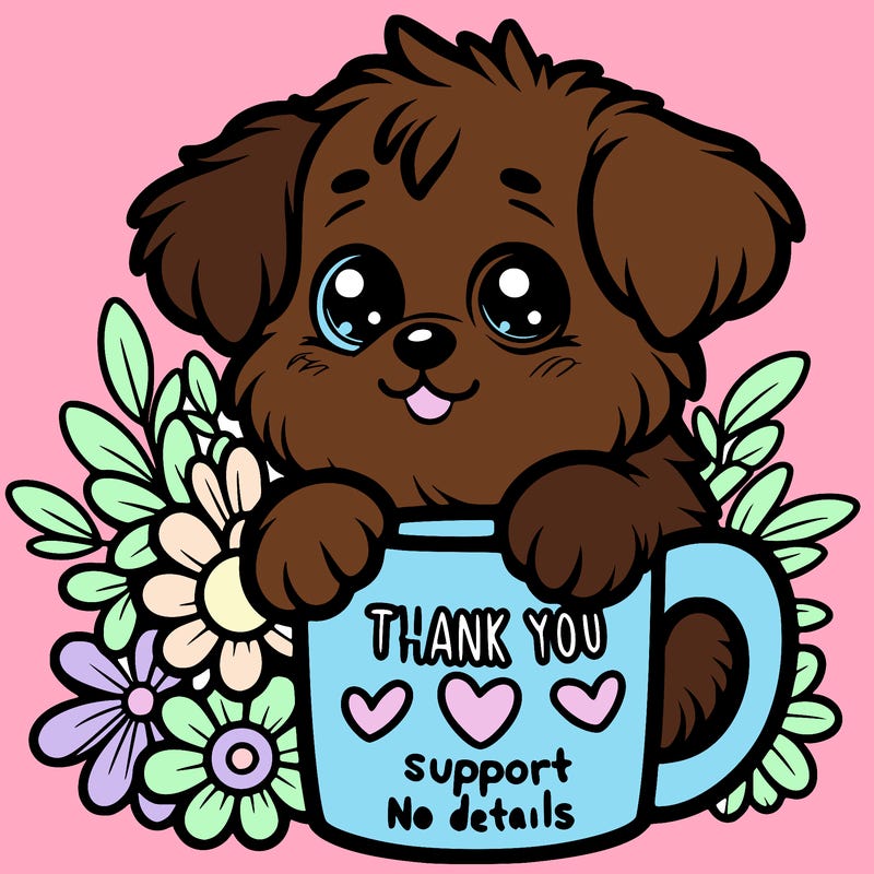 a really cute puppy holding a thank you for support mug with flowers everywhere
