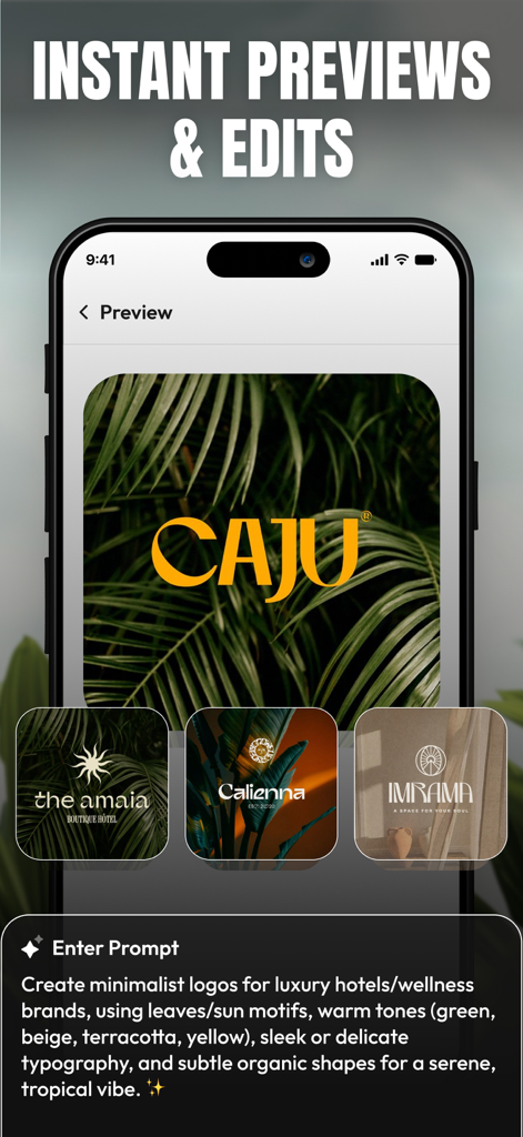Ein Smartphone, das mehrere minimalistische KI-generierte Logos für Luxushotel- und Wellnessmarken basierend auf einem Text-Prompt anzeigt.
