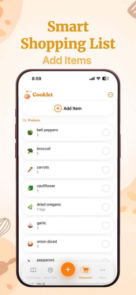 Recipe Keeper - Cooklet - Smart shopping list feature in the Cooklet app displaying a list of ingredients like bell peppers and broccoli.