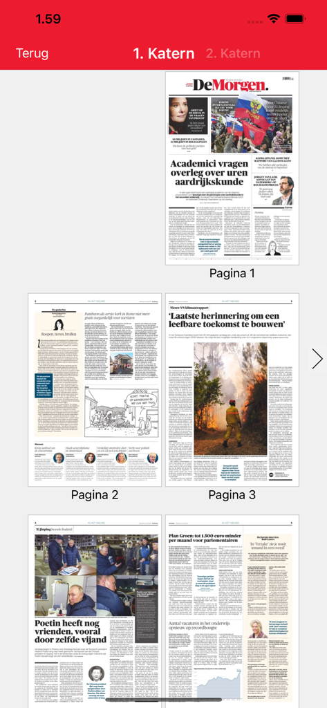 De Morgen Print Editie - A digital grid view of newspaper pages within the De Morgen Print Editie mobile application