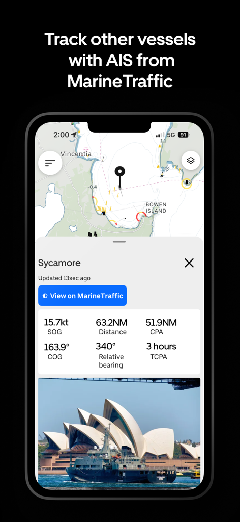 L'app di navigazione marina Orca mostra dati di tracciamento delle imbarcazioni e carte nautiche