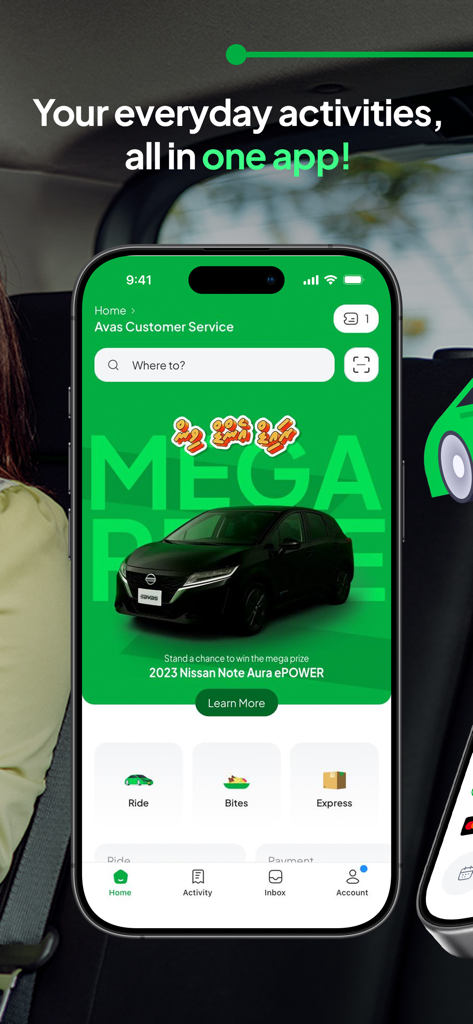 Pantalla de inicio de Avas App mostrando opciones de viaje, comida y entrega express