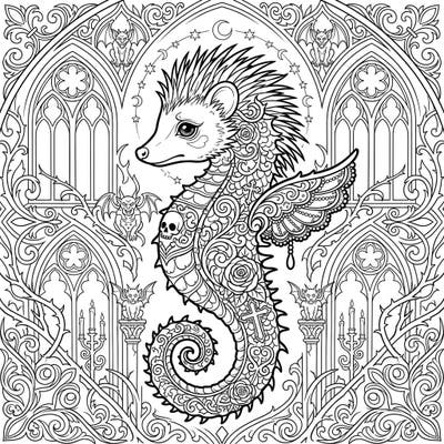 Explore a unique blend of marine and nocturnal fantasy with this striking Gothic Hedgehog Seahorse coloring page. Immerse yourself in intricate details and a mysterious atmosphere, perfect for an engaging coloring experience.
