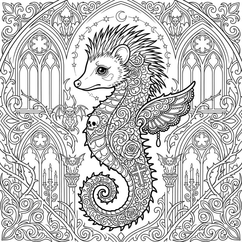 Explore a unique blend of marine and nocturnal fantasy with this striking Gothic Hedgehog Seahorse coloring page. Immerse yourself in intricate details and a mysterious atmosphere, perfect for an engaging coloring experience.