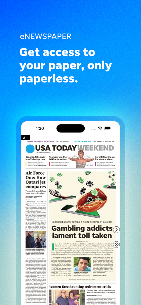 USA TODAY: US & Breaking News - USA TODAYのデジタルeNewspaperの表紙がスマートフォンに表示されています