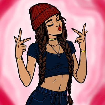 realistic teenage girl with braids and a beanie and crop top doing 🫶🏼