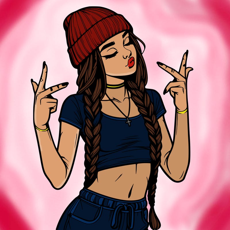 realistic teenage girl with braids and a beanie and crop top doing 🫶🏼