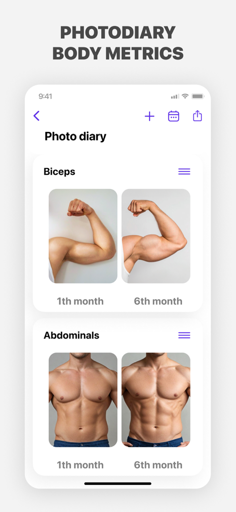 Fitness app photo diary showing body transformation and muscle progress over six months.