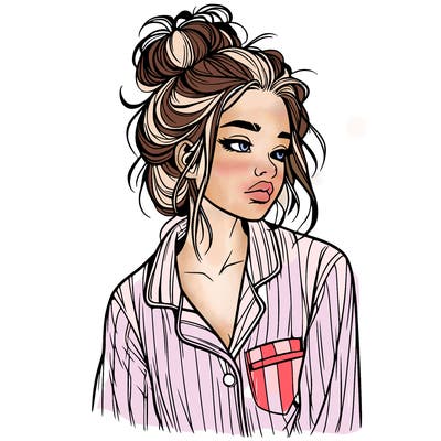 realistic woman with pajamas on and a messy bun