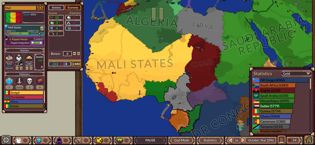 Ages of Conflict World War Sim - Screenshot di gioco di Ages of Conflict World War Sim che mostra una simulazione di mappa dell'Africa con nazioni AI personalizzate e statistiche