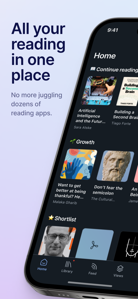 Readwise Reader - Pantalla de inicio de la aplicación móvil Readwise Reader mostrando una lista curada de artículos y libros bajo categorías como Crecimiento y Lista Corta.
