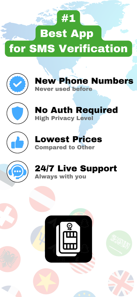 Hauptmerkmale der SMS Online App, die neue Telefonnummern, Privatsphäre, niedrige Preise und Support hervorheben.