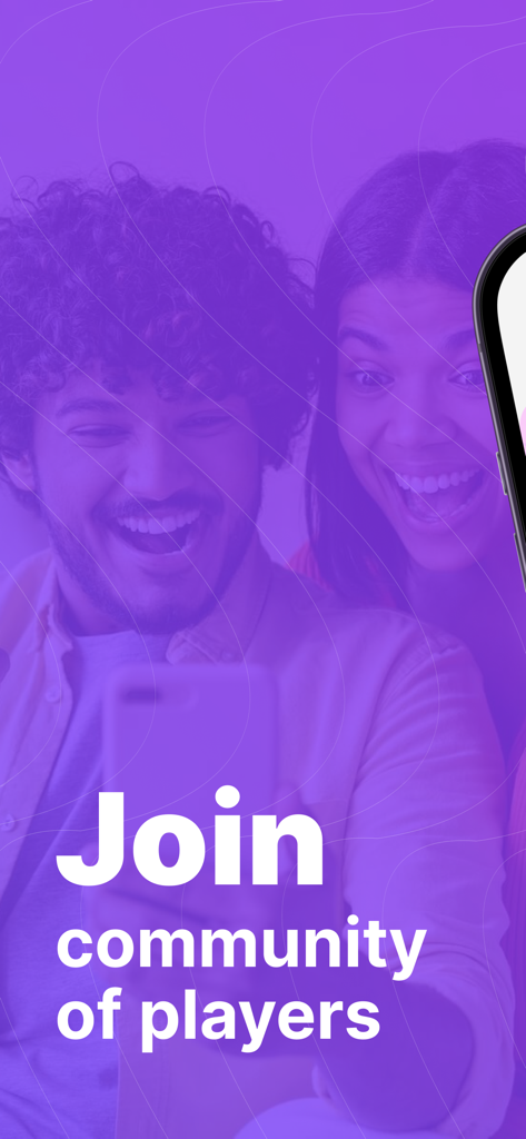 Gameram: Find gaming teammates - Deux jeunes gamers heureux souriant en regardant un écran de smartphone avec le texte Rejoignez une communauté de joueurs.