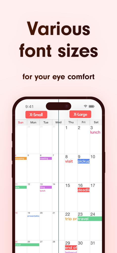 Simple Calendar: ToDo Planner - シンプルカレンダーアプリでの、見やすさ向上のための極小および極大フォントサイズの比較