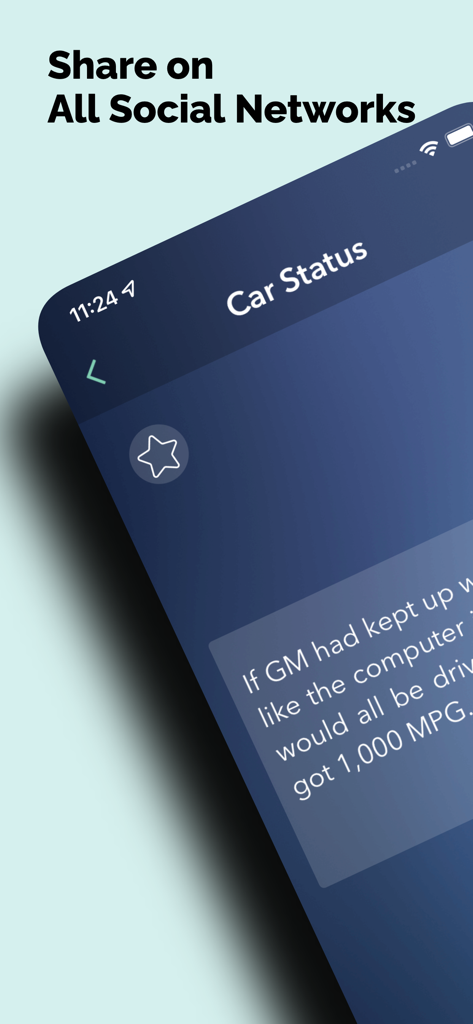 A screenshot of the Status Quotes app showing a car-related quote under the Car Status category.