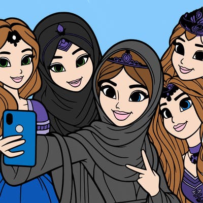 princesses taking a selfie together realistic