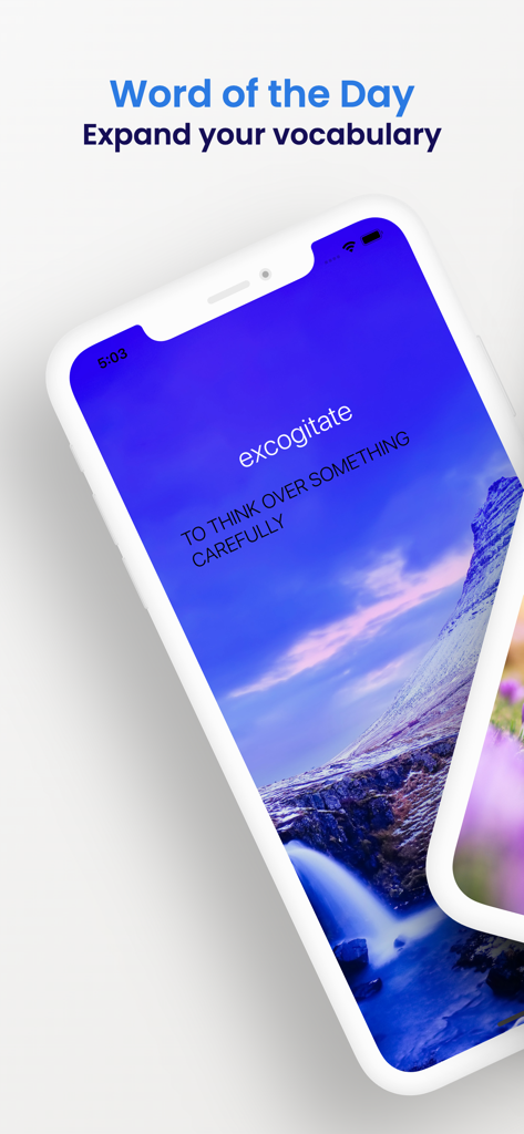 Word of the Day ‎ - Aplicativo Palavra do Dia exibindo a palavra 'excogitate' e sua definição sobre um fundo de montanha cênico