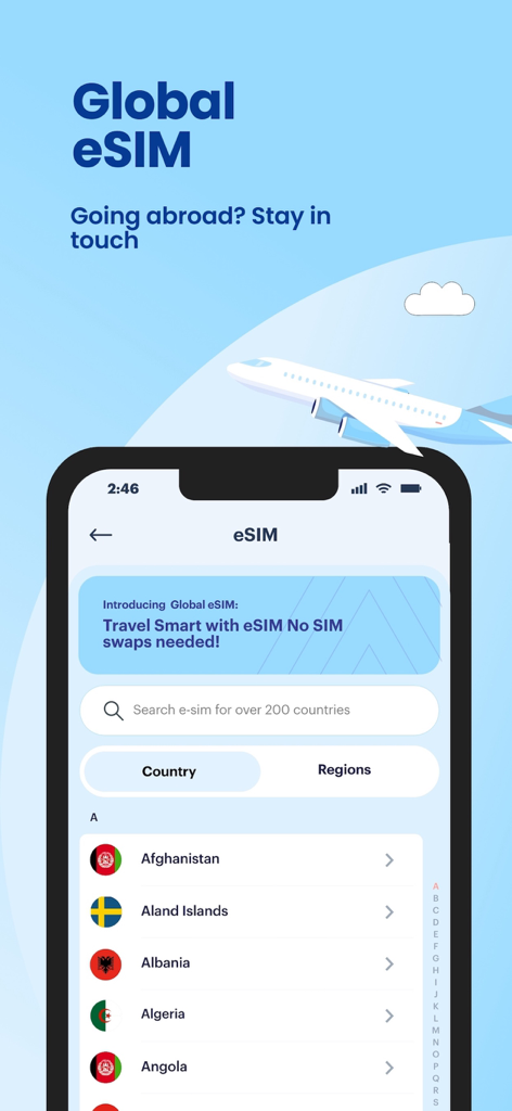 Raza.com International Calling - Raza.com app interface showing Global eSIM options for international travel across over two hundred countries
