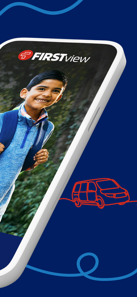 First View - Smartphone screen showing the First View app logo with a smiling student and a red school bus icon