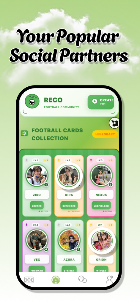 Reco - Rally - Interface do aplicativo Reco mostrando uma coleção de cartas de jogadores de futebol com nomes, funções e níveis.