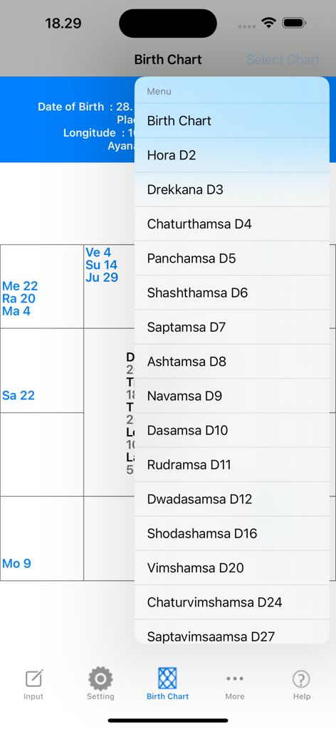 iHoroscope Vedic - Menu selection for various Vedic astrology divisional Varga charts