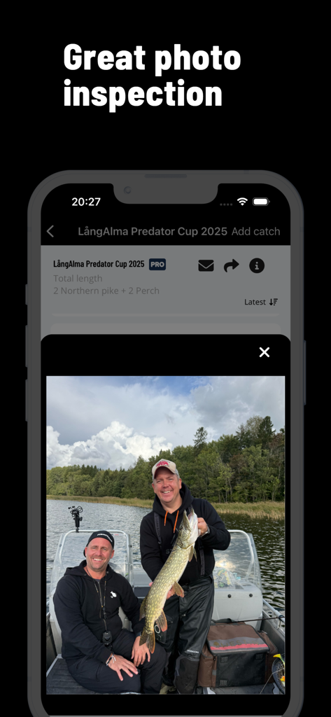 FishChamp - Fishing Challenges - FishChamp app screenshot showing photo inspection of a northern pike catch for tournament validation