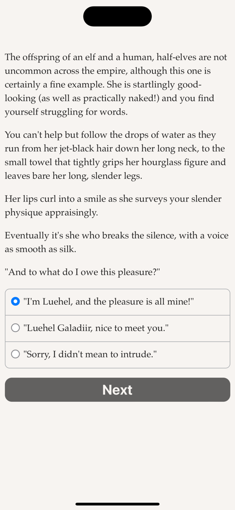 A text-based scene in Evertree Inn where players choose dialogue responses to a half-elf character.