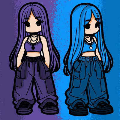 girl in baggy pants crop top and long hair