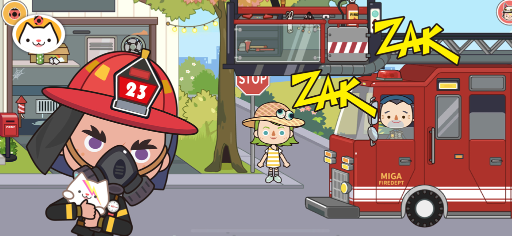A cartoon firefighter in a gas mask holding a cat next to a fire truck