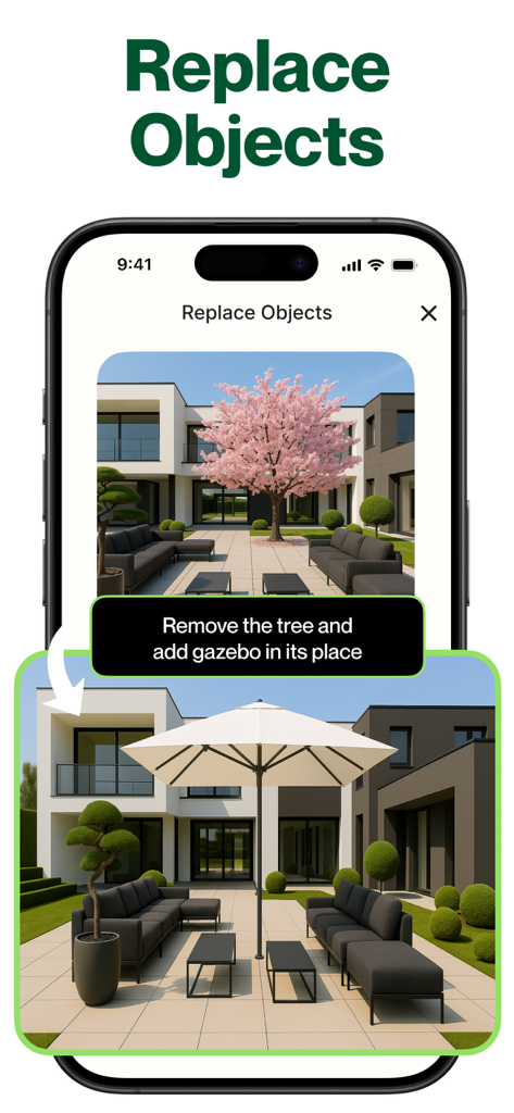 App interface showing before and after AI transformation replacing a cherry blossom tree with a large patio umbrella in a modern courtyard.