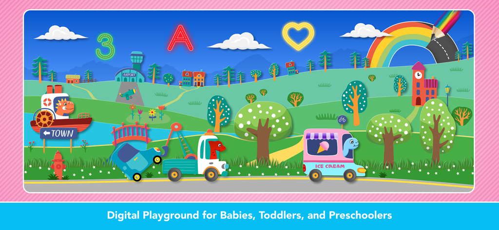 Preschool / Kindergarten Games - A colorful digital playground landscape for preschool and kindergarten learning featuring letters numbers and friendly dinosaur characters in vehicles