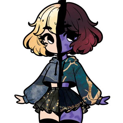 cute femboy with short, fluffy hair that softly frames their face, wearing a cropped hoodie, paired with a flouncy short skirt, and thigh-high stockings