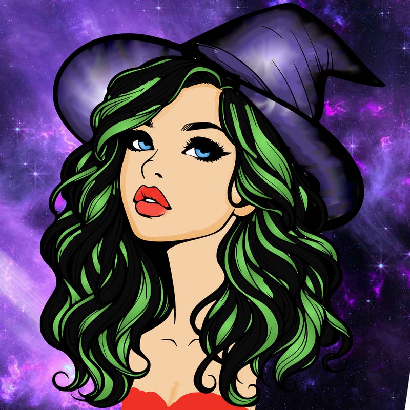realistic witch girl with wavy hair and lips