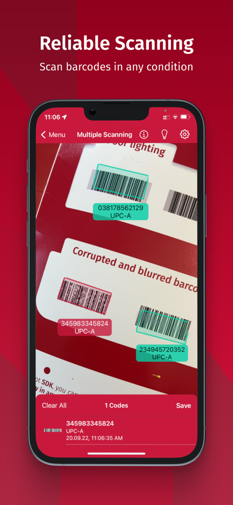 Scanbot SDK app scanning multiple blurred and corrupted barcodes using an AR overlay.