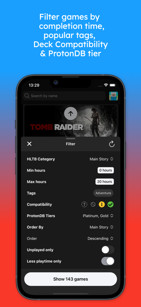 DeckFilter - Interfaccia dell'app DeckFilter che mostra opzioni di filtro avanzate per i giochi Steam Deck per tempo di gioco e compatibilità