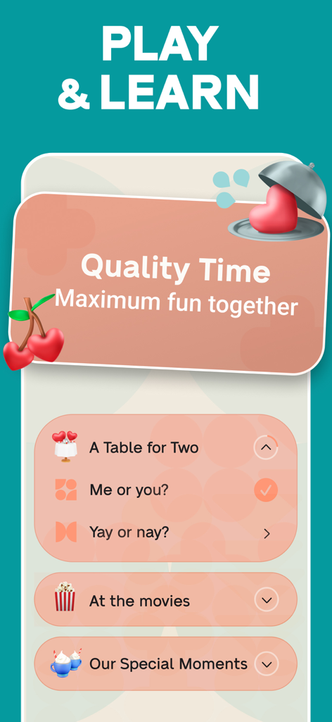 JustUs: Couples & Relationship - JustUs app screen showing quality time activities and games for couples like A Table for Two and At the movies
