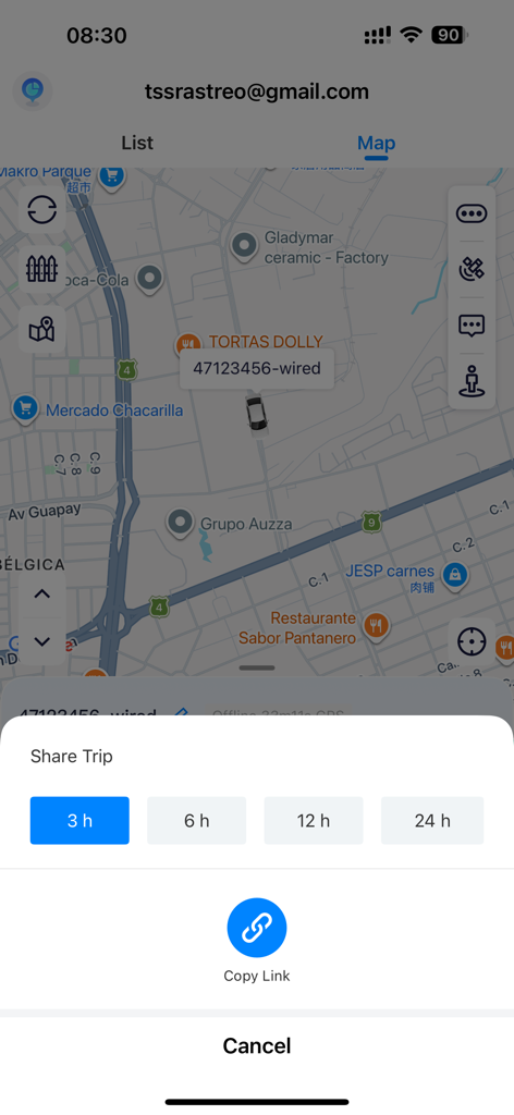 TSS Rastreo - Mapa de rastreo GPS en la aplicación TSS Rastreo con un menú emergente de compartir viaje