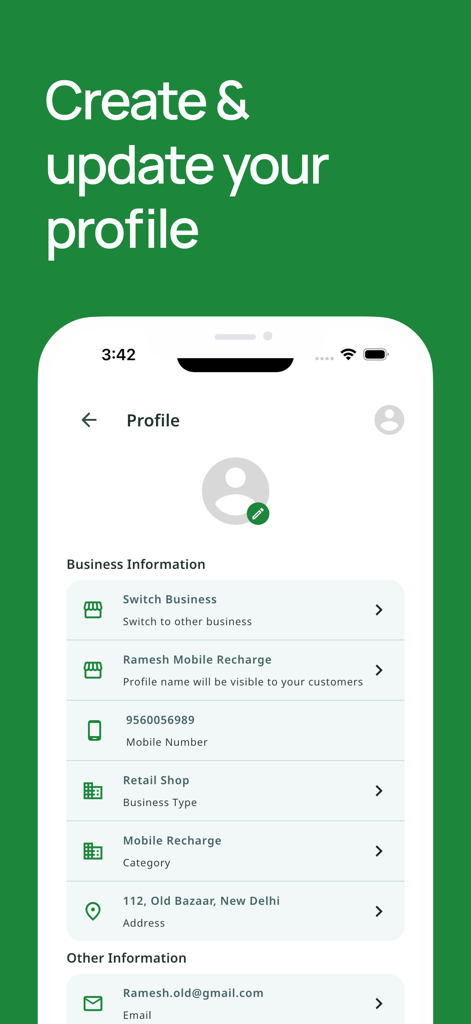 OkCredit app screen for creating and updating a business profile with information like business name, category, and address