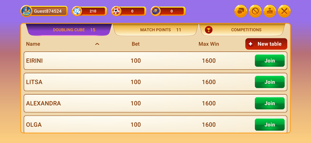 Backgammon Premium: Master - バックギャモンプレミアムのマルチプレイヤーロビー、ダビングキューブモードの利用可能なゲームテーブルのリストが表示されます。