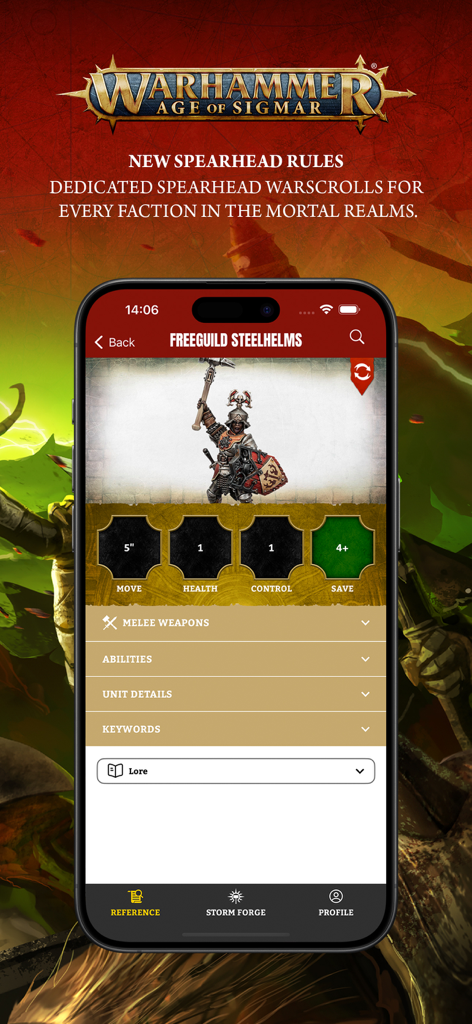 Warhammer Age of Sigmar mobile app screen displaying Freeguild Steelhelms unit statistics and Spearhead rules