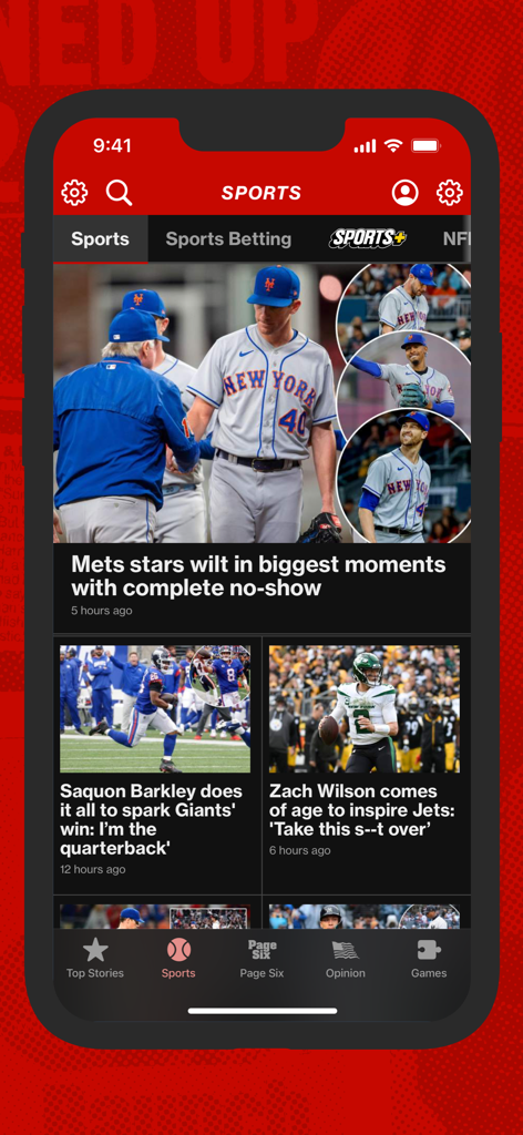 New York Post for iPhone - The New York Post app sports section showing headlines about the Mets Giants and Jets in dark mode